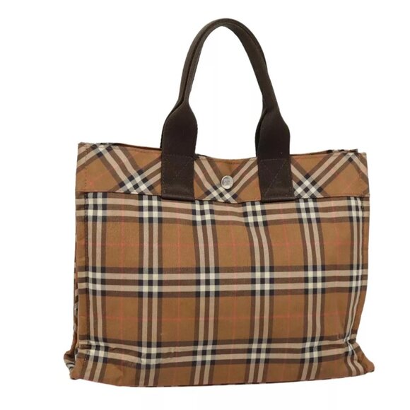 BURBERRY Nova Check Blue Label Tote Bag Nylon Brown Auth 90264 - Picture 1 of 16